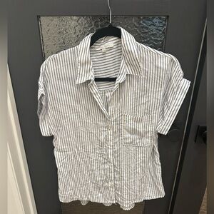Love Tree Blue White Striped Button Front Short Sleeve Shirt Women’s Size S